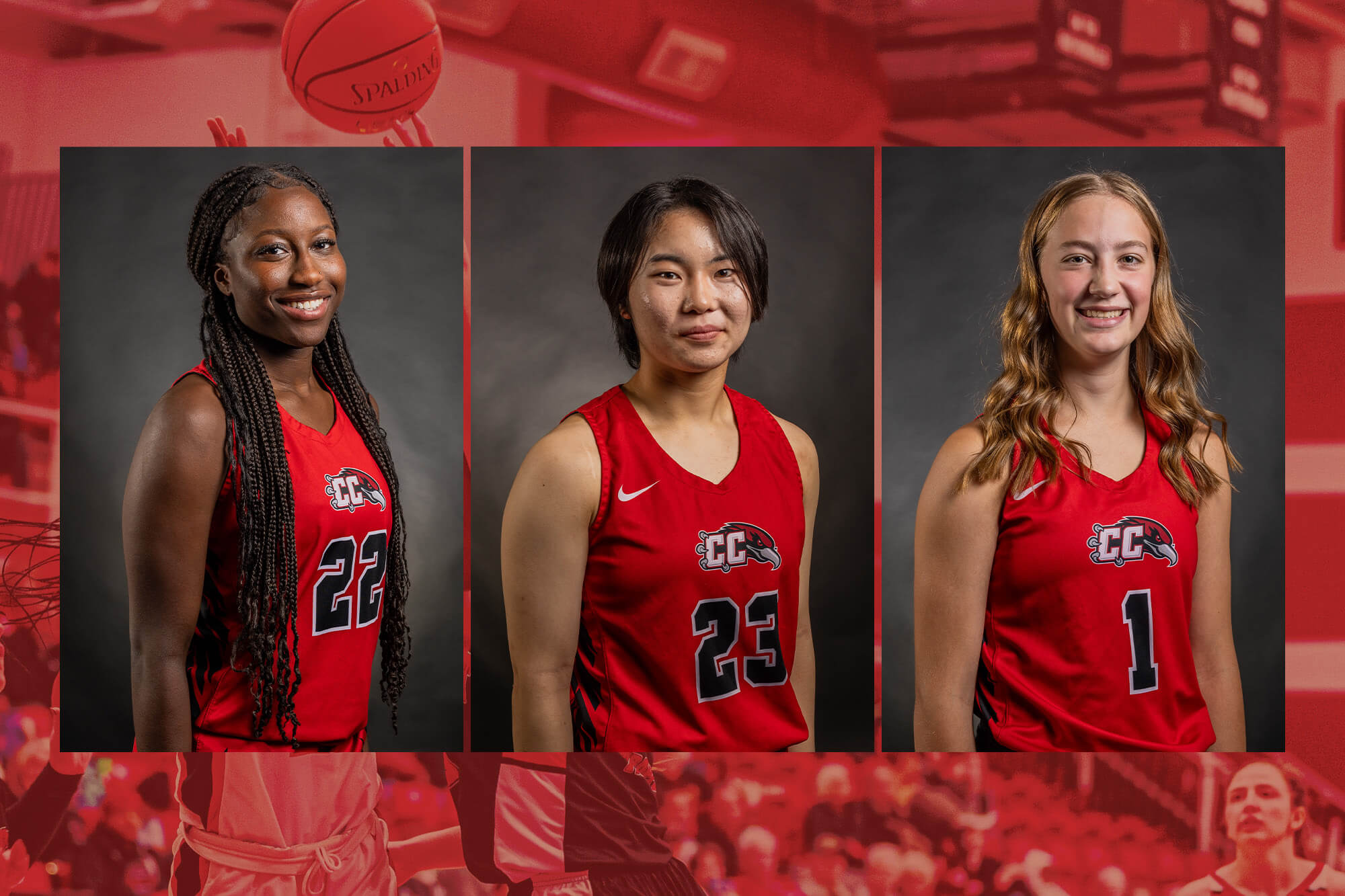 Image of Adama Badjie Coly, una Ueda, and Andi Schissler from the Casper College Women's Basketball team.
