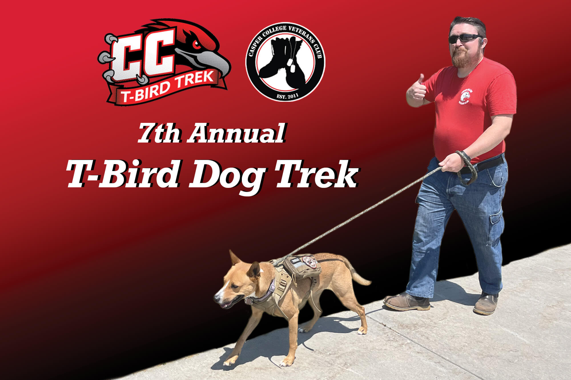 Image for 7th Annual Casper College Dog Trek featuring a man walking his dog against a red wall.