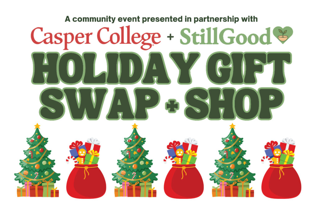 Drawing of Christmas trees and bags, both with presents with the words "Holiday Gift Swap and Shop" for the news release for the event.