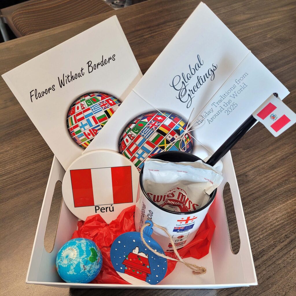Photo of a gift basket from the Casper College International Student Club to illustrate a press release on the gift baskets.