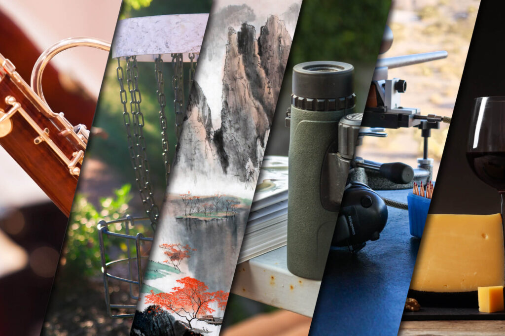 A diagonal collage showing a bassoon, a disc golf basket, Chinese landscape art, binoculars, reloading equipment, and a glass of red wine with cheese.