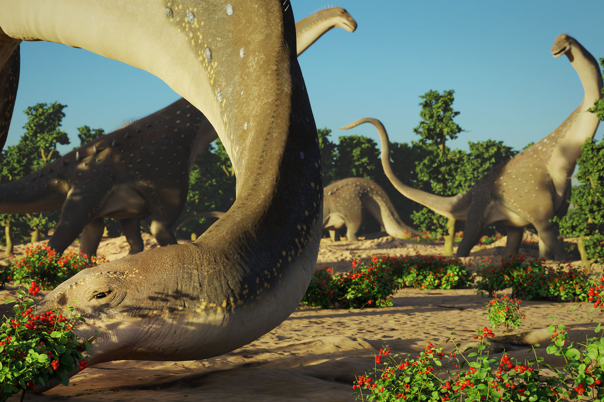 Digital artwork of a Late Cretaceous landscape featuring a herd of long-necked dinosaurs. The Tate Geological Museum will host a talk by Russell Hawley on March 4 to discuss how such ancient worlds are reconstructed from fossil evidence.