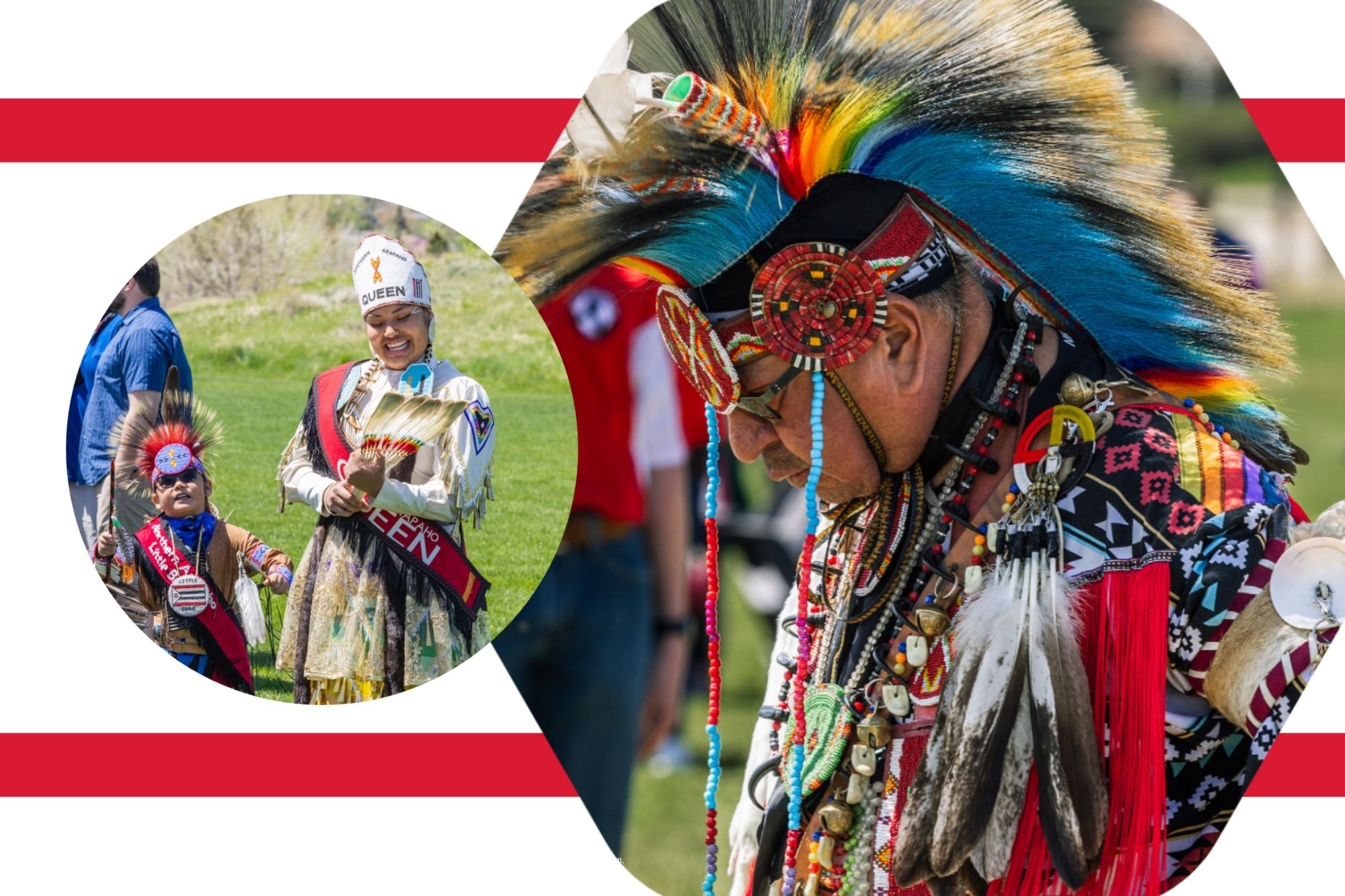 A young dancer in traditional regalia and a woman wearing a "Queen" sash and crown stand on a green field during a Casper College Powwow.