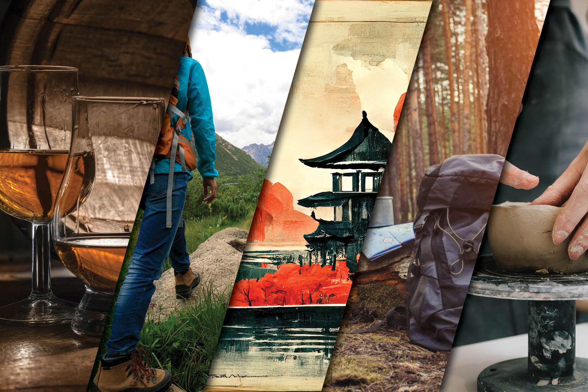 A five-panel collage showcasing whiskey glasses, a hiker on a mountain trail, Chinese-style artwork, a backpack in the woods, and hands shaping clay on a pottery wheel.