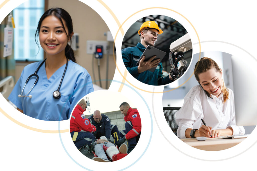 A collage of four circular images showing a smiling nurse, a construction worker with a tablet, emergency medical technicians tending to a patient, and a businesswoman working at a desk